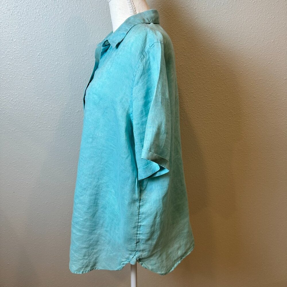 J. Jill Women’s M Turquoise Blue 100% Linen Button Up Short Sleeve Beach Travel - Picture 2 of 9